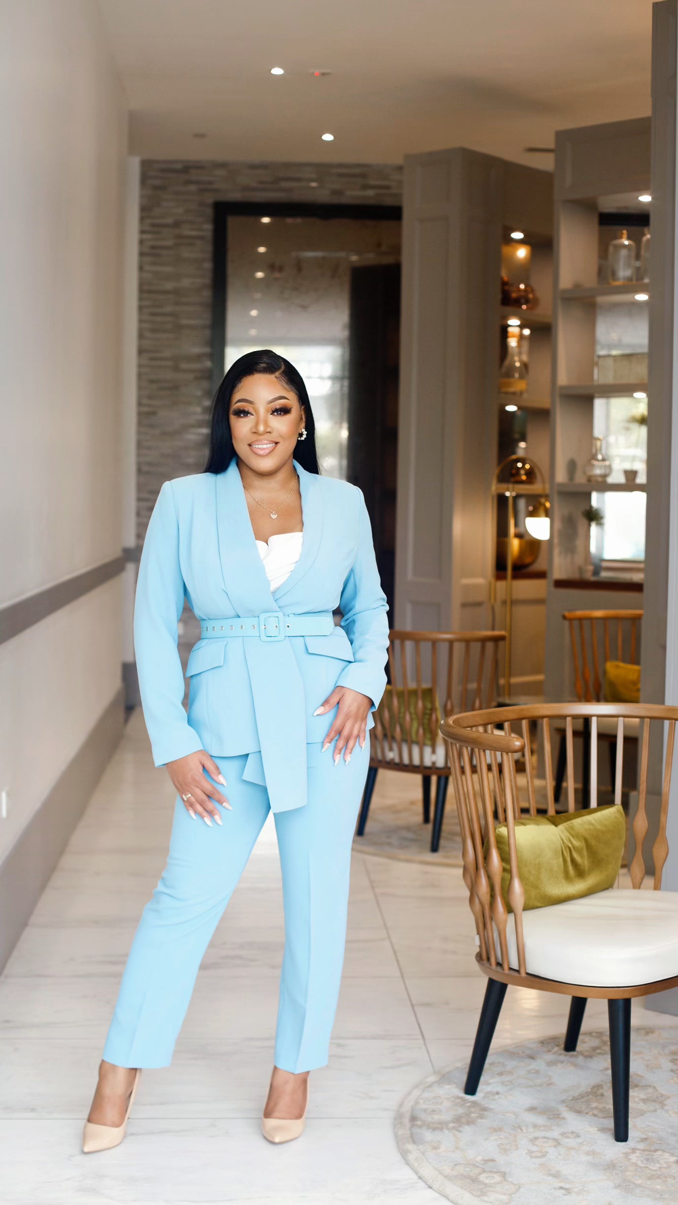 Keynote Speaker Blue Pants Suit
